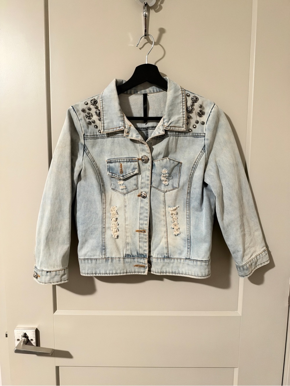 Girls' Light Blue Distressed Denim Jacket with Stud Detail
